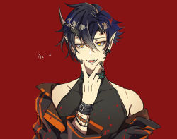 Rule 34 | 1boy, arknights, black nails, blood, blood on clothes, blue hair, fangs, flamebringer (arknights), hair between eyes, infection monitor (arknights), looking at viewer, male focus, material growth, nail polish, off shoulder, oripathy lesion (arknights), parted lips, pointy ears, red background, simple background, solo, upper body, yellow eyes, yoruhachi