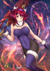 Rule 34 | 1girl, animal ears, asouto, black pantyhose, cat ears, cat tail, fire, fire, flames, gloves, highres, kittysuit, leotard, nontraditional playboy bunny, one eye closed, pantyhose, playboy bunny, purple gloves, purple leotard, pyra (xenoblade), red eyes, red hair, red sword, solo, strapless, strapless leotard, sword, tail, weapon, wink, xenoblade chronicles (series), xenoblade chronicles 2