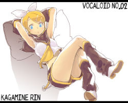 Rule 34 | 1girl, armpits, arms behind head, arms up, boots, buriki, character name, copyright name, crossed legs, kagamine rin, lying, midriff, oekaki, short shorts, shorts, simple background, solo, thighs, vocaloid, white background