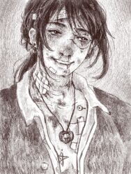 Rule 34 | 1girl, ayaka kuroi, bandages, black hair, blood, blood on face, chest tattoo, collared shirt, earrings, greyscale, hf6ufo, highres, injury, jacket, jewelry, medium hair, monochrome, nosebleed, parted lips, patch, pendant, ponytail, shirt, single earring, sketch, smile, solo, tattoo, world of horror