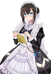 Rule 34 | 1girl, absurdres, alternate costume, apron, bespectacled, black hair, blue eyes, book, closed mouth, commentary request, cowboy shot, deen (hnxp8555), enmaided, glasses, hair bun, highres, holding, holding book, idolmaster, idolmaster cinderella girls, juliet sleeves, charm (object), long sleeves, maid, maid apron, maid headdress, puffy sleeves, sagisawa fumika, simple background, single hair bun, solo, white background