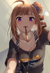 Rule 34 | 1girl, ahoge, black shirt, blunt bangs, blurry, blurry foreground, blush, breasts, brown hair, collarbone, depth of field, food, highres, idolmaster, idolmaster million live!, idolmaster million live! theater days, jewelry, kamille (vcx68), medium breasts, mouth hold, necklace, pocky, pocky day, pov, purple eyes, redrawn, shirt, side ponytail, sidelocks, solo, wavy hair, yokoyama nao