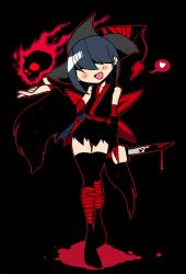 Rule 34 | 1girl, :d, back bow, black background, black thighhighs, blood, bloody weapon, blue hair, blush stickers, bow, covered eyes, dagger, facing viewer, flaming skull, floating skull, full body, heart, holding, holding dagger, holding knife, holding weapon, japanese clothes, kimono, knife, long hair, ninja, open mouth, original, rariatto (ganguri), red bow, red theme, short kimono, simple background, smile, solo, spoken heart, thigh gap, thighhighs, very long hair, weapon
