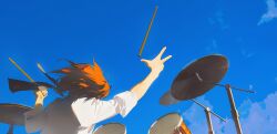 Rule 34 | 1girl, blue sky, day, drum, drum set, drumsticks, from behind, highres, holding, holding drumsticks, horikawa raiko, huang gua, instrument, red hair, short hair, short sleeves, sky, solo, touhou, upper body
