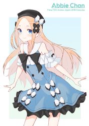 Rule 34 | 1girl, 2018, abigail williams (animejapan 2018) (fate), abigail williams (fate), bare shoulders, black bow, black hat, blonde hair, blue background, blue dress, blue eyes, blush, bow, character name, closed mouth, commentary request, copyright name, dress, fate/grand order, fate (series), forehead, gradient background, green background, hair bow, hat, highres, kopaka (karda nui), long hair, multiple hair bows, official alternate costume, parted bangs, sleeveless, sleeveless dress, smile, solo, very long hair, white background, white bow
