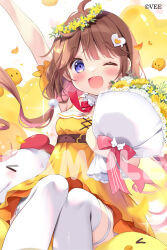Rule 34 | 1girl, ;d, ahoge, animal, arm up, bird, blush, bouquet, breasts, brown hair, chick, chicken, commentary request, copyright request, detached sleeves, dress, feet out of frame, flower, flower wreath, hair ornament, heart, heart hair ornament, hugging object, knees up, long hair, looking at viewer, one eye closed, open mouth, orange sleeves, outstretched arm, pan (mimi), puffy short sleeves, puffy sleeves, purple eyes, rose, sample watermark, short sleeves, sitting, sleeveless, sleeveless dress, small breasts, smile, solo, thighhighs, very long hair, virtual youtuber, watermark, white flower, white rose, white thighhighs, yellow dress, yellow flower