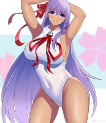 Rule 34 | 1girl, armpits, arms up, bb (fate), bb (fate) (all), bb (swimsuit mooncancer) (fate), bb (swimsuit mooncancer) (third ascension) (fate), breasts, collared leotard, covered navel, cowboy shot, fate/extra, fate/extra ccc, fate/grand order, fate (series), highleg, highleg leotard, highres, konarius88, large breasts, leotard, licking lips, long hair, looking at viewer, neck ribbon, popped collar, purple eyes, purple hair, red ribbon, ribbon, smile, solo, tan, thighs, tongue, tongue out, white leotard