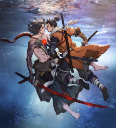 Rule 34 | 2boys, abs, armor, ashina genichirou, barefoot, black hair, bow (weapon), colored skin, commentary request, facial hair, gameplay mechanics, glowing, glowing sword, glowing weapon, hakama, hakama pants, hakama skirt, highres, holding, holding weapon, japanese armor, japanese clothes, katana, kdash, male focus, mechanical arms, multicolored skin, multiple boys, muscular, ninja, pants, prosthesis, prosthetic arm, reflection, reflective water, scar, scar across eye, scar on face, sekiro, sekiro: shadows die twice, short hair, shoulder armor, single mechanical arm, skirt, sode, spoilers, stubble, sword, sword behind back, tabi, topknot, topless male, two-tone skin, underwater, weapon