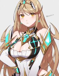 Rule 34 | 1girl, bare shoulders, blonde hair, blush, breasts, chest jewel, cleavage, dress, earrings, elbow gloves, gloves, headpiece, highres, jewelry, large breasts, long hair, looking at viewer, mythra (xenoblade), peach11 01, solo, swept bangs, tiara, very long hair, xenoblade chronicles (series), xenoblade chronicles 2, yellow eyes