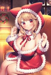 Rule 34 | 1girl, :&gt;, absurdres, animal ears, bare shoulders, blush, bow, bowtie, breasts, brown hair, clenched hands, couch, fireplace, fur trim, hands up, highres, hood, huge breasts, indie virtual youtuber, jacket, kirisaki shuusei, komorebi wanko, long hair, looking at viewer, orange eyes, red bow, red bowtie, red jacket, sitting, smile, snow, solo, virtual youtuber, window