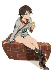 Rule 34 | 1girl, bag, boots, brick wall, brown eyes, brown hair, casual, commentary, cup, disposable cup, drinking, full body, handbag, highres, hood, hoodie, kantai collection, long sleeves, mogami (kancolle), ningen (ningen96), plaid, plaid shirt, shirt, short hair, shorts, sitting, socks, solo, white background