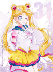 Rule 34 | 1girl, bishoujo senshi sailor moon, bishoujo senshi sailor moon stars, blonde hair, blue eyes, blue sailor collar, brooch, choker, closed mouth, crescent, crescent facial mark, double bun, elbow gloves, eternal sailor moon, facial mark, gloves, hair bun, hair ornament, heart, heart brooch, heart hair bun, highres, jewelry, layered skirt, lips, long hair, one eye closed, pink gloves, puffy short sleeves, puffy sleeves, red choker, sailor collar, sailor moon, sailor senshi, sailor senshi uniform, sarashina kau, short sleeves, skirt, smile, solo, tsukino usagi, twintails, white gloves, wing brooch, wings
