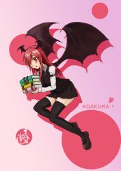 Rule 34 | :o, arm belt, artist request, bat wings, black footwear, black necktie, black skirt, black thighhighs, black vest, blush, book, book stack, breasts, character name, circle, collared shirt, drop shadow, full body, hair over one eye, head wings, holding, holding book, koakuma, loafers, long hair, long sleeves, looking at viewer, medium breasts, necktie, pink background, red eyes, red hair, shirt, shoes, sidelocks, simple background, skirt, skirt set, thighhighs, touhou, vest, white shirt, wings, zettai ryouiki