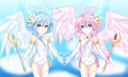 Rule 34 | 2girls, absurdres, bare shoulders, blue eyes, blue hair, cloud, cloudy sky, cosplay, elbow gloves, feathered wings, flower, four goddesses online: cyber dimension neptune, gloves, hair flower, hair ornament, halo, heart, highres, holding, holding staff, jewelry, long hair, looking at viewer, multiple girls, neptune (series), pink hair, power symbol, power symbol-shaped pupils, ram (neptunia), red eyes, rhapsofree, rom (neptunia), siblings, sisters, sky, smile, staff, symbol-shaped pupils, twins, white gloves, white heart (neptunia), white heart (neptunia) (cosplay), white legwear, white sister ram, white sister rom, wings