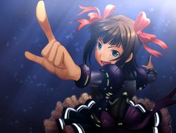 Rule 34 | 1girl, amami haruka, arm up, blue eyes, brown hair, chiaki rakutarou, dress, from above, hair ribbon, idolmaster, idolmaster (classic), open mouth, outstretched arm, pointing, ribbon, short hair, smile, solo