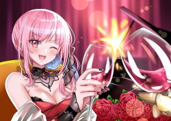 Rule 34 | 1girl, alcohol, bouquet, breasts, cleavage, cup, dress, drinking glass, flower, highres, holding, holding cup, hololive, hololive english, large breasts, looking at viewer, maroonabyss, mori calliope, mori calliope (party dress), pink hair, red dress, red eyes, red flower, red rose, rose, smile, solo, virtual youtuber, wine, wine glass