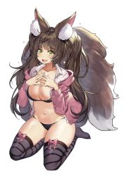 Rule 34 | 1girl, :d, animal ear fluff, animal ears, bad id, bad pixiv id, black bra, black panties, black thighhighs, blush, bow, bra, breasts, brown hair, cardigan, cleavage, collarbone, collared shirt, commentary, commission, fang, fluffy, fox ears, fox girl, fox tail, green eyes, highres, jacket, kitsune, large breasts, large tail, long hair, looking at viewer, multiple tails, navel, no pants, no shoes, open clothes, open jacket, open mouth, open shirt, original, panties, pink bow, pink cardigan, pink jacket, plushmallow, seiza, shirt, simple background, sitting, smile, solo, stomach, striped clothes, striped thighhighs, suou-sensei, tail, thighhighs, thighs, twintails, underwear, white background, white shirt