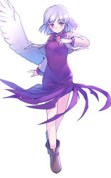 Rule 34 | 1girl, beige jacket, blush, brown footwear, closed mouth, dress, feathered wings, full body, jacket, kishin sagume, long sleeves, one-hour drawing challenge, open clothes, open jacket, purple dress, rangycrow, red eyes, short hair, simple background, single wing, solo, touhou, white background, white hair, white wings, wings
