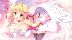 Rule 34 | 1girl, :d, ahoge, angel wings, aqua eyes, bare shoulders, bent over, black thighhighs, blonde hair, blurry, blush, bow, bracelet, breasts, choker, cleavage, clenched hand, collarbone, depth of field, fall in love x 4 tune, feathers, female focus, flower, from side, full body, game cg, gem, hair flower, hair intakes, hair ornament, hair ribbon, hairclip, hanging breasts, happy, heart, jewelry, karen uruputasu, kusunoki (escude), large breasts, long hair, looking at viewer, open mouth, ribbon, sideboob, smile, solo, sparkle, star (symbol), star hair ornament, strapless, thighhighs, white wings, wings, zettai ryouiki