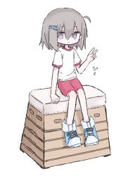 Rule 34 | 1girl, ahoge, blue footwear, brown hair, closed mouth, full body, gym shirt, gym shorts, gym uniform, hand up, highres, jitome, kanikan, long bangs, looking at viewer, medium hair, original, purple eyes, red shorts, shirt, shoes, short sleeves, shorts, simple background, sitting, sneakers, solo, v, vaulting horse, white background, white shirt