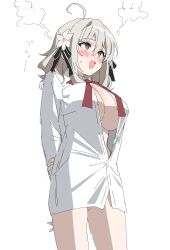 Rule 34 | 1girl, @ @, absurdres, ahoge, black bow, blush, bow, bowtie, breasts, cleavage, flower, flustered, grey hair, hair bow, hair flower, hair ornament, highres, huge breasts, lily (spy kyoushitsu), naked shirt, open clothes, open shirt, purple eyes, pussy, red bow, red bowtie, shirt, short hair, simple background, sincos, solo, spy kyoushitsu, standing, steam, sweat, nervous sweating, white background