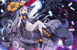 Rule 34 | abigail williams (fate), abigail williams (third ascension) (fate), bare shoulders, black bow, black hat, bow, breasts, cloudy.r, colored skin, crossed legs, fate/grand order, fate (series), feet, forehead, glowing, glowing eye, hat, highres, key, keyhole, legs, long hair, multiple bows, navel, no panties, orange bow, parted bangs, parted lips, pink eyes, sitting, small breasts, solo, space, staff, star (sky), star (symbol), star print, tentacles, third eye, very long hair, white hair, white skin, witch hat