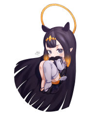 Rule 34 | 1girl, absurdly long hair, absurdres, black dress, black footwear, black gloves, black hair, blunt bangs, blush, chibi, detached sleeves, dress, feathered wings, gloves, gradient hair, grey eyes, guls, half gloves, halo, headpiece, highres, hololive, hololive english, long hair, looking at viewer, low wings, multicolored hair, ninomae ina&#039;nis, ninomae ina&#039;nis (1st costume), okobo, orange hair, pointy ears, sandals, short dress, sidelocks, signature, simple background, single detached sleeve, single thighhigh, solo, straight hair, strapless, strapless dress, tentacle hair, thighhighs, tube dress, twitter username, very long hair, virtual youtuber, white background, white thighhighs, white wings, wings