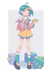Rule 34 | 1girl, absurdres, ahoge, aqua hair, asymmetrical legwear, bandaid, bandaid on leg, black footwear, border, daizu (melon-lemon), dice, drawstring, expressionless, finger to mouth, flower, food, from side, full body, gradient hair, grey background, hair ornament, hands up, head tilt, highres, holding, holding food, hood, hood down, jacket, licking, licking finger, loafers, long sleeves, looking at viewer, multicolored eyes, multicolored hair, no nose, off shoulder, one side up, open clothes, open jacket, original, outside border, pleated skirt, puffy sleeves, shoes, short hair, simple background, skirt, socks, solo, spikes, standing, star (symbol), taco, tareme, uneven legwear, white border, yellow skirt