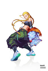 Rule 34 | 1girl, alternate costume, antenna hair, aqua nails, back, baggy pants, black leggings, black tube top, blonde hair, braid, brass knuckles, breasts, cammy white, casual, detached sleeves, earrings, facial scar, fingerless gloves, full body, gloves, green eyes, green pants, highres, hoop earrings, jacket, jewelry, leggings, lips, long hair, looking back, medium breasts, midriff, multicolored clothes, multicolored jacket, nail polish, necklace, off-shoulder jacket, off shoulder, pants, pendant, reflective floor, scar, scar on cheek, scar on face, shoes, sneakers, solo, strapless, street fighter, suspenders hanging, tube top, twin braids, very long hair, weapon, white background, white footwear, white jacket, xin wang