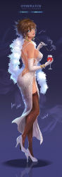 Rule 34 | 1girl, absurdres, ain choiwet, alcohol, alternate costume, artist name, ass, bad id, bad pixiv id, bangle, blue eyes, bracelet, breasts, brown hair, cigarette holder, cup, dress, drinking glass, earrings, elbow gloves, feather boa, formal, full body, gloves, high heels, highres, jewelry, large breasts, overwatch, overwatch 1, reflection, short hair, sideboob, solo, spiked hair, thighhighs, tracer (overwatch), white dress, wine, wine glass
