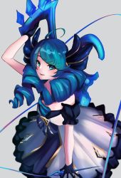 Rule 34 | 1girl, blue eyes, blue hair, close-up, drill hair, gloves, gwen (league of legends), highres, league of legends, lipstick, long hair, looking to the side, makeup, matching hair/eyes, open mouth, ribbon, scissors