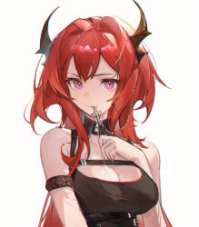 Rule 34 | 1girl, :3, absurdres, arknights, armband, bare shoulders, black tank top, breasts, chest harness, cleavage, commentary, cross, cross necklace, crossed bangs, hair intakes, harness, highres, holding, holding jewelry, holding necklace, horns, jewelry, large breasts, long hair, looking at viewer, necklace, nibbling, purple eyes, red hair, rui (woyoudabing rui), sidelocks, simple background, solo, surtr (arknights), tank top, underbust, upper body, white background