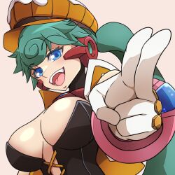 Rule 34 | android, artist request, blue eyes, breasts, cleavage, cropped jacket, green hair, hat, helmet, kunoichi, large breasts, marino (mega man), mega man (series), mega man x: command mission, mega man x (series), mega man x dive, orange hat, ponytail, reploid, salute, tagme, two-finger salute