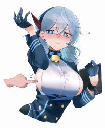 Rule 34 | ako (blue archive), bell, black gloves, blue archive, blue coat, blue eyes, blue hair, blue hairband, breasts, clipboard, coat, cowbell, cropped torso, earrings, gloves, hair between eyes, hairband, half gloves, highres, holding, holding clipboard, jewelry, kazane-wind, large breasts, neck bell, red ribbon, ribbon, sideboob, simple background