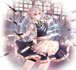 Rule 34 | 1girl, apron, between fingers, bow, bowtie, braid, commentary, green bow, green bowtie, grey hair, highres, holding, holding knife, izayoi sakuya, knife, knives between fingers, light smile, looking at viewer, maid, maid apron, maid headdress, puffy short sleeves, puffy sleeves, red eyes, short sleeves, skirt hold, solo, soukou (artist), touhou, twin braids, waist apron, watermark, white apron