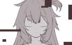 Rule 34 | 1girl, akai haato, bow, closed eyes, commentary, glitch, hair bow, hair ornament, hairclip, hololive, long hair, monochrome, neck stitches, oshiruko (oshiruco 212048), simple background, solo, stitched neck, stitches, thumbnail surprise, virtual youtuber