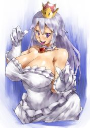 Rule 34 | 1girl, breasts, brooch, cleavage, colored tongue, dress, gloves, highres, jewelry, large breasts, luigi&#039;s mansion, mario (series), nintendo, princess king boo, purple eyes, purple tongue, shino (2919), solo, super crown, white dress, white gloves, white hair