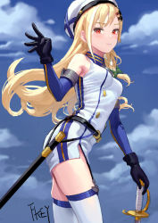 Rule 34 | 1girl, arm cuffs, artist name, bare shoulders, belt, beret, black belt, black gloves, blonde hair, blue sky, blush, bow, braid, breasts, cloud, commentary, cowboy shot, day, denver (warship girls r), detached sleeves, dress, fkey, gloves, green bow, hair bow, hair ornament, hairclip, hand up, hat, highres, medium breasts, outdoors, planted, planted sword, planted weapon, red eyes, scabbard, sheath, short dress, signature, single braid, single sidelock, sky, solo, standing, sword, thighhighs, thighs, warship girls r, weapon, white dress, white hat, white thighhighs, zettai ryouiki
