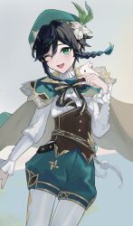 Rule 34 | 1boy, androgynous, animal, animal on shoulder, beret, black hair, blue hair, bow, braid, brooch, cape, collared cape, collared shirt, corset, diamond (shape), feathers, flower, frilled sleeves, frills, gem, genshin impact, gradient hair, green cape, green eyes, green hat, green shorts, hair flower, hair ornament, hat, highres, jewelry, kagami (kagami), leaf, long sleeves, looking at viewer, male focus, multicolored hair, one eye closed, open mouth, pantyhose, pinwheel, rabbit, shirt, short hair with long locks, shorts, side braids, sidelocks, simple background, smile, solo, twin braids, venti (genshin impact), vision (genshin impact), white background, white flower, white pantyhose, white shirt