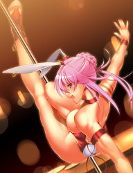 Rule 34 | 1girl, :d, alternate costume, alternate hairstyle, animal ears, bare shoulders, blush, bowalia, breasts, rabbit ears, female focus, large breasts, leg up, legs, leotard, nose, open mouth, outstretched arm, pink hair, pole, pole dancing, red eyes, reisen udongein inaba, short hair, smile, solo, stripper pole, touhou