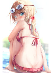 Rule 34 | 1girl, arm support, artist name, ass, back, barefoot, bikini, blonde hair, blue eyes, blush, breasts, butt crack, commentary, day, frilled bikini, frills, from behind, goggles, goggles on head, hair ornament, halterneck, heart, heart hair ornament, highres, knees up, looking at viewer, looking back, medium breasts, natuna natu, original, outdoors, red bikini, resolution mismatch, side-tie bikini bottom, sitting, solo, source larger, string bikini, swimsuit, tearing up, twintails, water, wet