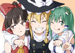 Rule 34 | 3girls, ascot, bare shoulders, black hair, black headwear, black vest, blonde hair, blush, bow, brown eyes, closed eyes, closed mouth, detached sleeves, frog hair ornament, green eyes, green hair, grin, hair between eyes, hair bow, hair ornament, hair tubes, hakurei reimu, hat, hat bow, inuno rakugaki, japanese clothes, kirisame marisa, kochiya sanae, long hair, medium hair, multiple girls, nontraditional miko, one eye closed, open mouth, red bow, sidelocks, smile, snake hair ornament, tongue, tongue out, touhou, v, vest, white bow, witch hat, yellow ascot