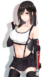 Rule 34 | 1girl, bare shoulders, black hair, black skirt, breasts, brown eyes, cleavage, closed mouth, collarbone, commentary request, elbow gloves, elbow pads, final fantasy, final fantasy vii, final fantasy vii remake, fingerless gloves, gloves, highres, holding, holding own hair, large breasts, liangfen, long hair, midriff, miniskirt, navel, pencil skirt, pleated skirt, shirt, skirt, sports bra, square enix, suspender skirt, suspenders, tank top, taut clothes, taut shirt, thighhighs, thighs, tifa lockhart