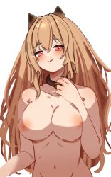 Rule 34 | 1girl, :q, absurdres, animal collar, animal ears, arknights, binware, blush, breasts, brown collar, ceobe (arknights), collar, collarbone, dog ears, groin, hair between eyes, hand up, highres, large breasts, licking lips, long hair, looking at viewer, navel, nipples, nude, red eyes, simple background, sketch, solo, tongue, tongue out, upper body, very long hair, white background