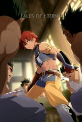Rule 34 | abs, brown gloves, choker, echo (circa), facial hair, gloves, green hair, holding, holding sword, holding weapon, jewelry, male focus, midriff, multiple boys, muscular, muscular male, mustache, open mouth, red hair, reid hershel, spiked hair, sword, tales of (series), tales of eternia, weapon