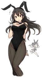Rule 34 | &gt;:d, 2girls, :d, alternate costume, animal ears, bare shoulders, black hair, blush, breasts, brown eyes, rabbit ears, chibi, chibi inset, commentary, covered navel, detached collar, fake animal ears, hair ornament, hairclip, hand on own chest, haruna (kancolle), kantai collection, long hair, looking at viewer, medium breasts, multiple girls, open mouth, pantyhose, playboy bunny, running, sendai (kancolle), side ponytail, sketch, smile, standing, terrajin, v-shaped eyebrows, wrist cuffs