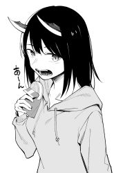Rule 34 | 1girl, absurdres, aoki ruri, blush, collarbone, dragon girl, dragon horns, drawstring, eating, fangs, food, greyscale, hand up, highres, hood, hood down, hoodie, horns, long sleeves, looking at viewer, medium hair, monochrome, open mouth, ruri dragon, sideways glance, simple background, slit pupils, solo, sound effects, swept bangs, translated, umihotaru harumare, upper body, white background