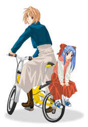 Rule 34 | 00s, 2girls, arcueid brunestud, bicycle, blonde hair, blue hair, boots, bow, full body, hair bow, half updo, head tilt, hood, hoodie, jacket, len (tsukihime), long hair, long skirt, looking back, looking down, multiple girls, multiple riders, pointy ears, red eyes, red skirt, riding, shoes, short hair, simple background, sitting, size difference, skirt, sneakers, toshibou (satsukisou), tsukihime, very long hair, white skirt
