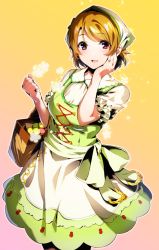 Rule 34 | 1girl, :d, absurdres, apron, bag, blonde hair, bow, cowboy shot, green skirt, highres, holding, holding bag, koizumi hanayo, looking at viewer, love live!, love live! school idol project, nakano maru, open mouth, red eyes, shirt, short hair, short sleeves, skirt, smile, solo, standing, white apron, white bow, white shirt, yellow background