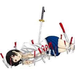 Rule 34 | 1girl, black hair, bob cut, boxcutter, breasts, cleavage, colorized, durarara!!, unworn eyewear, fork, glasses, highres, knife, large breasts, lying, on side, open clothes, open shirt, planted sword, planted, pleated skirt, red eyes, school uniform, scissors, shirt, short hair, skirt, solo, soma (hurau), sonohara anri, sword, weapon